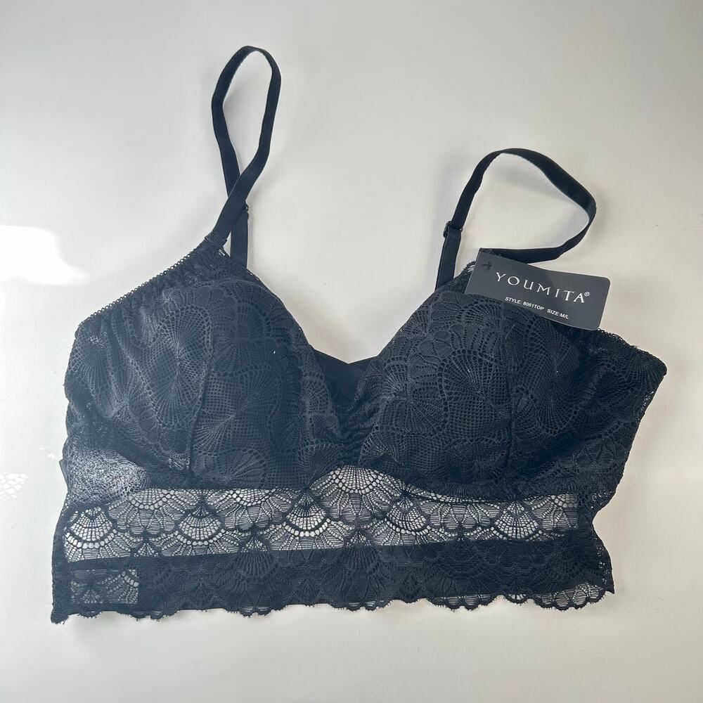 Black Lace Wireless Bralette Ribbon Cross Back Lingerie M/L NWT